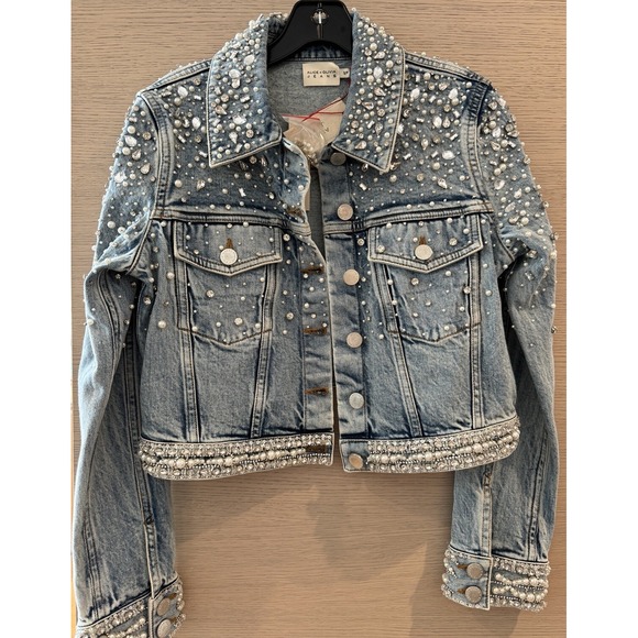 Alice + & Olivia Nelson Crystal Embellished Cropped Denim Jean Jacket Small Blue - Picture 6 of 11